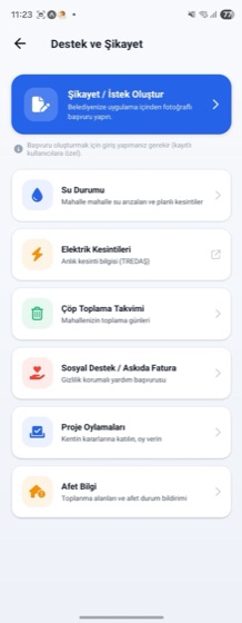 Destek ve şikayet hizmet menüsü